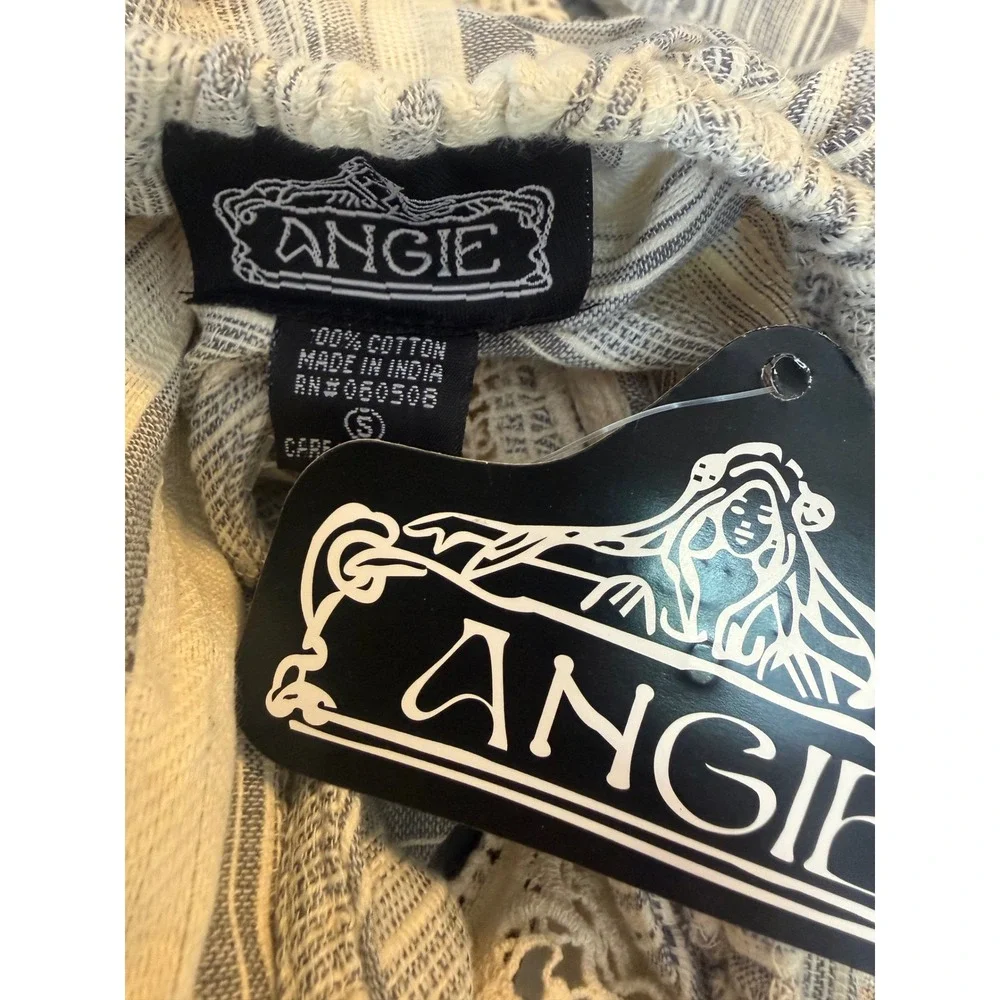 Angie Grey White Striped One Shoulder Crochet Lace Cotton Top S cottage dainty y